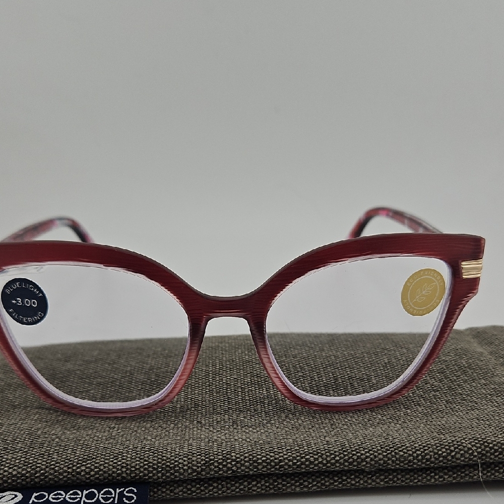 Peepers Marquee Red/Spice Quartz +3.00 , Blue Light Filtering + Spring Hinge NEW